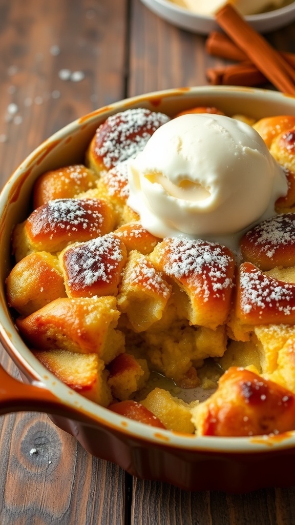 Leftover Buns Bread Pudding Recipe A delicious bread pudding made from leftover buns, served warm with ice cream, on a rustic table.